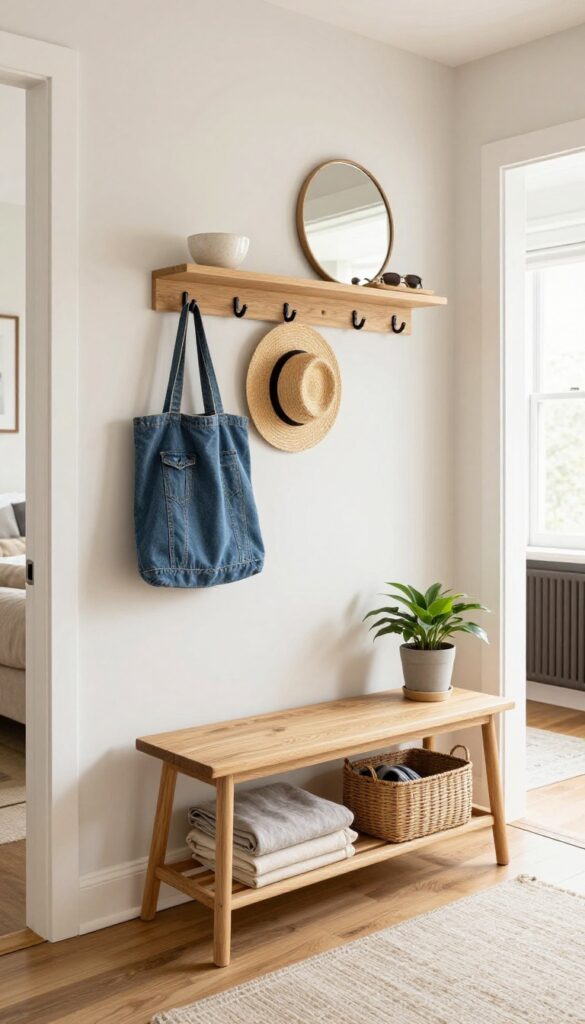 A bright living room alcove drop zone with a narrow wooden bench, woven basket, matching wall hooks holding a tote bag and jacket, and a mirror above.