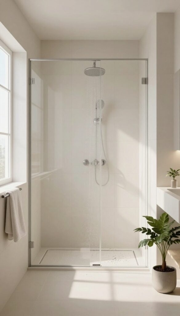 Modern bathroom with a doorless walk-in shower divided by a half wall at the entrance, bright natural light, neutral tile, and a rainfall showerhead.