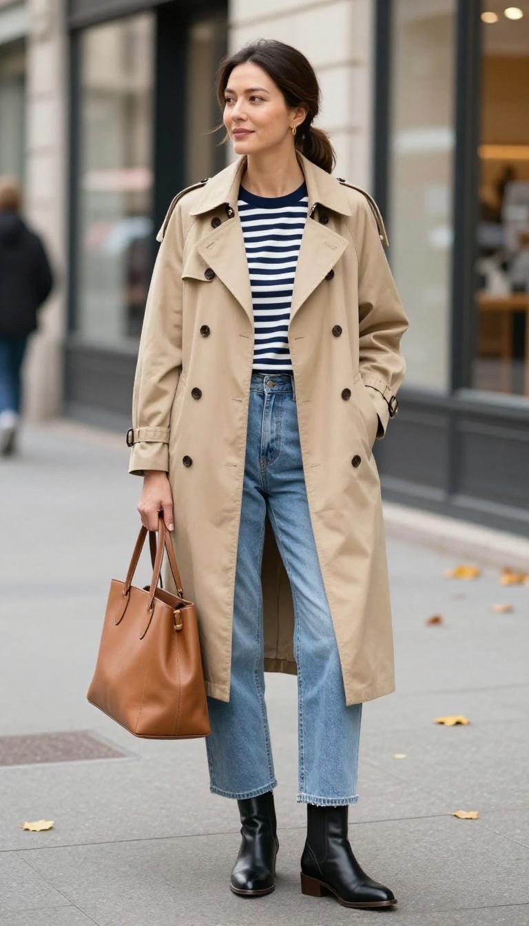 7. Trench Coat and Cropped Baggy Jeans with Ankle Boots