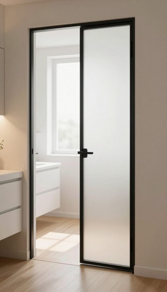 Frosted glass pocket door with black frame letting natural light into a bright modern bathroom