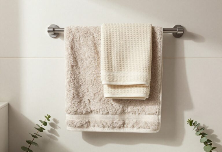 Layered neutral and waffle-textured hand towels hanging neatly on a bathroom towel bar in bright natural light, styled for a clean modern bathroom