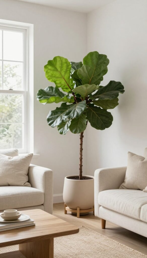 Bright organic modern living room corner with a single large fiddle leaf fig in a matte beige planter beside a sunlit window, styled with a low cream sofa and light wood coffee table