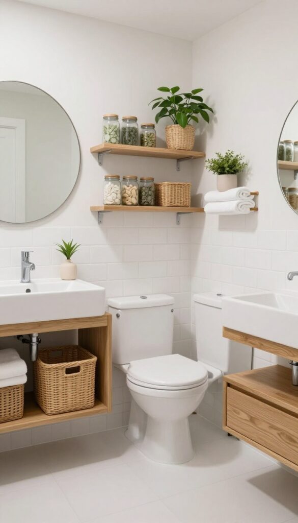 Small bright bathroom with floating wooden shelves and wall-mounted baskets above a toilet, keeping the floor open and uncluttered.