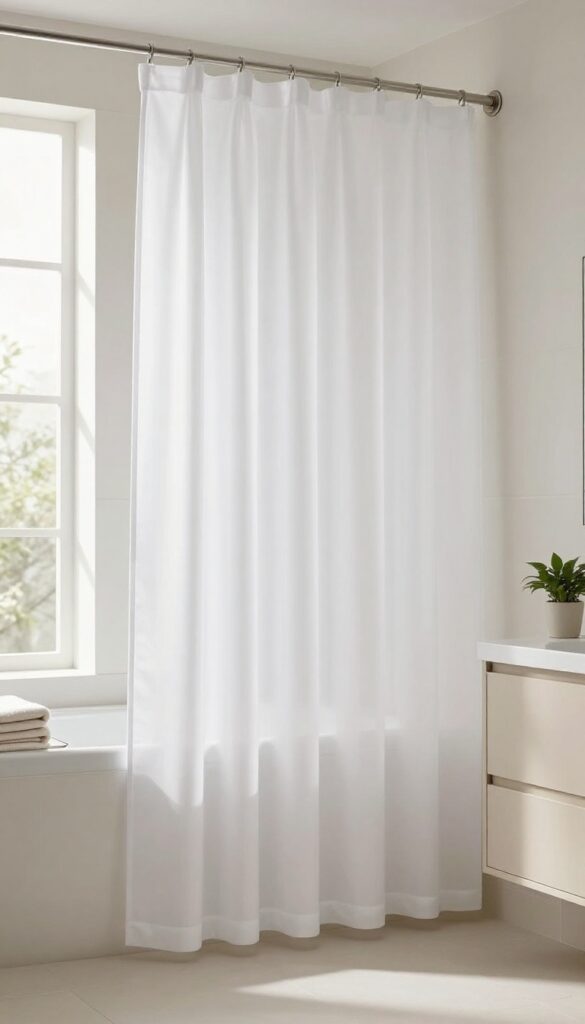 Bright modern bathroom with an extra-long white shower curtain hung from a ceiling-height rod, creating a taller and more spacious look.