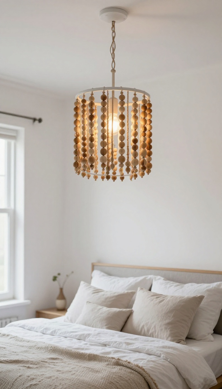 DIY wood bead chandelier made with a white wire frame and natural wood beads hanging above a bed in a bright bedroom