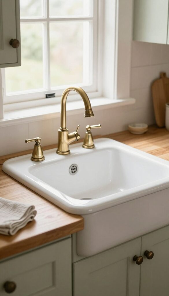 Vintage-inspired white enamel cast iron farmhouse sink with antique brass bridge faucet in a bright cottage kitchen with butcher block counters