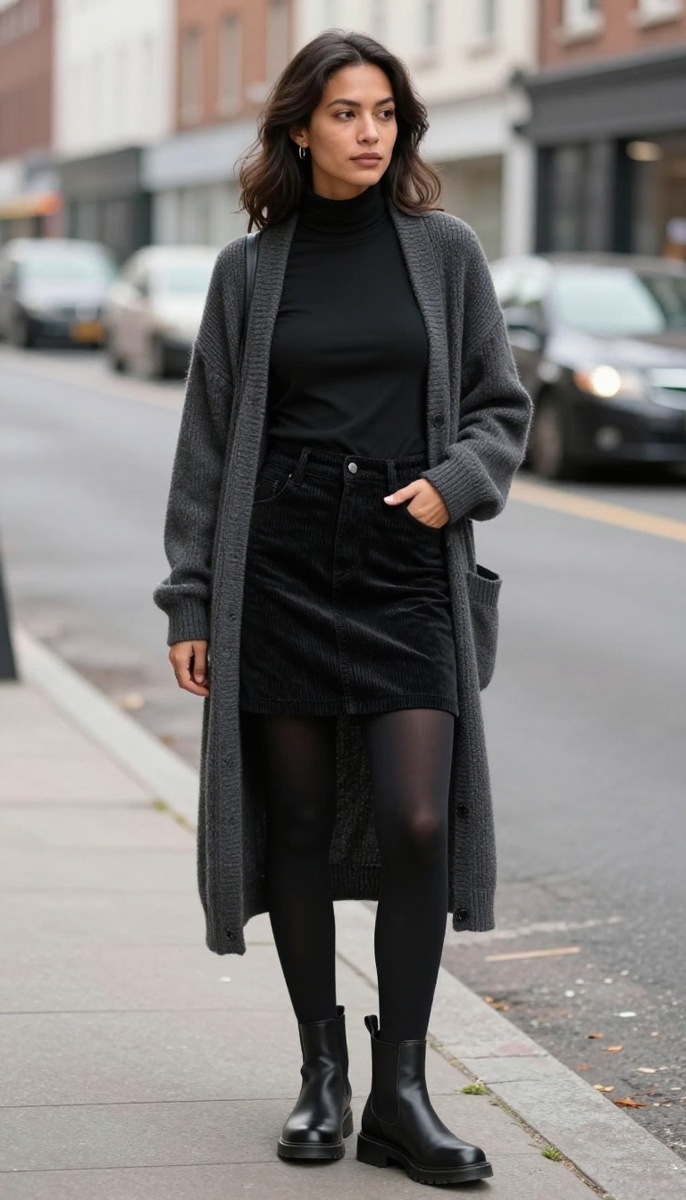 8. Black Corduroy Mini with a Turtleneck and Tights