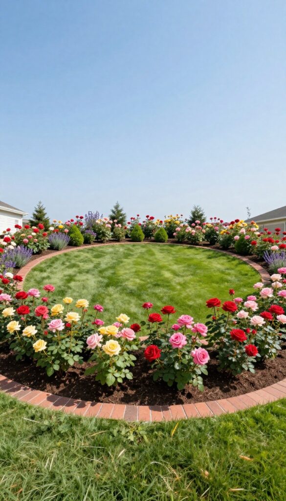 Circular rose bed edged with bricks in the center of a wide green suburban front lawn, surrounded by low border plants under bright natural light.