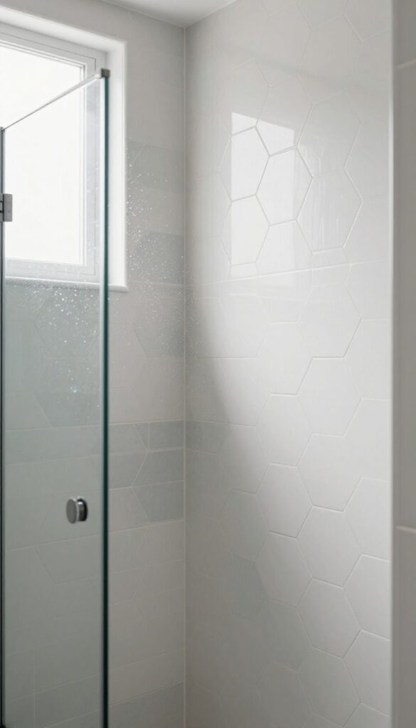 Modern bathroom shower with neutral hexagon geometric tiles and bright natural light