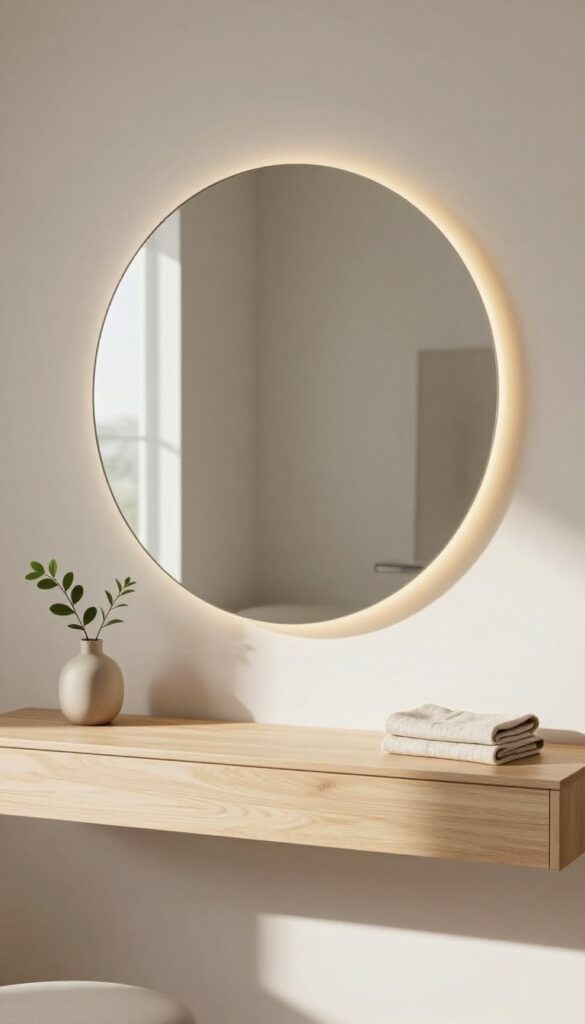 Modern luxury bedroom vanity with a round backlit LED mirror casting a soft halo glow above a simple floating vanity table in a bright, clean interior.