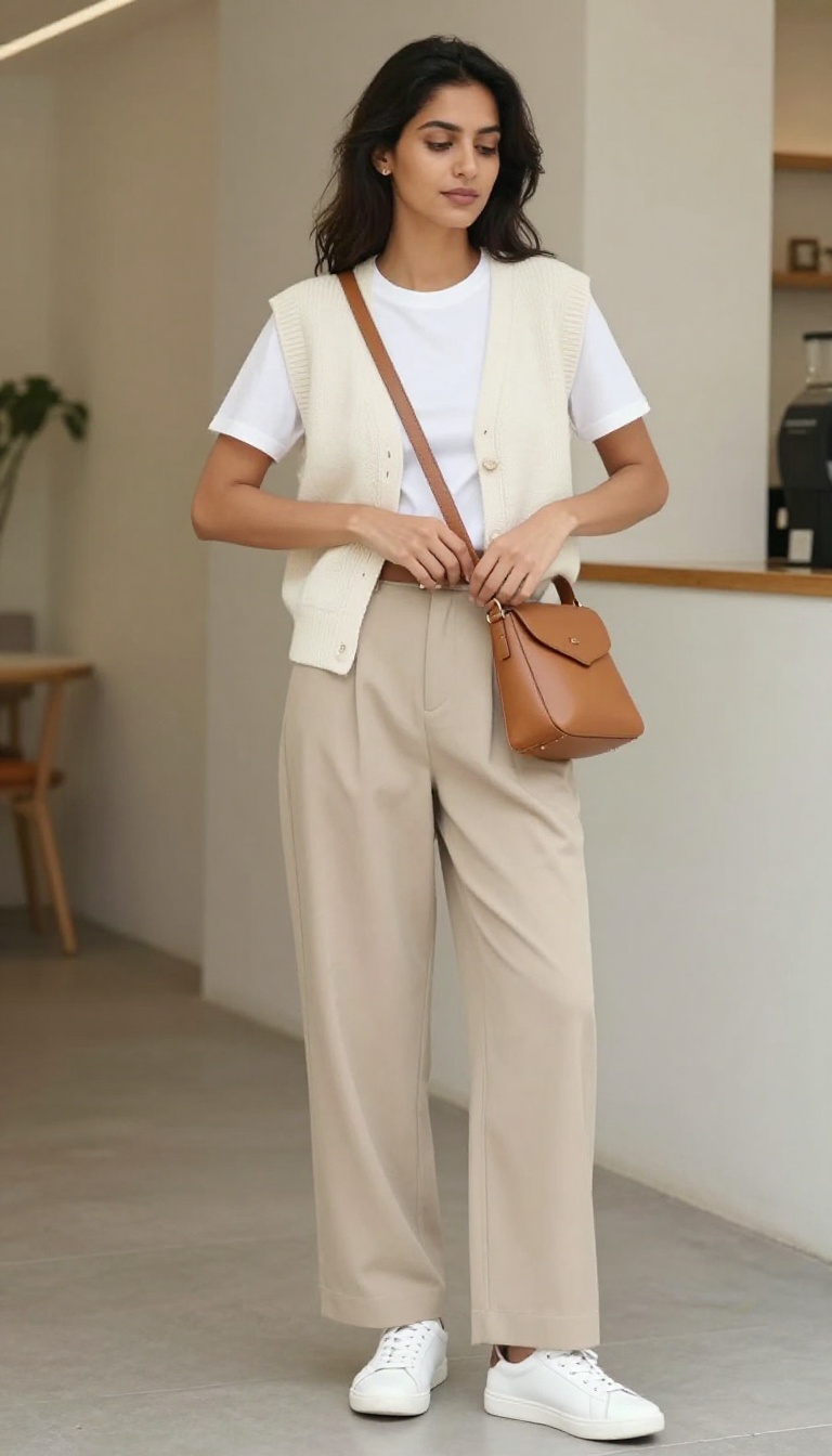 8. The Neutral Knit Vest with Wide-Leg Trousers