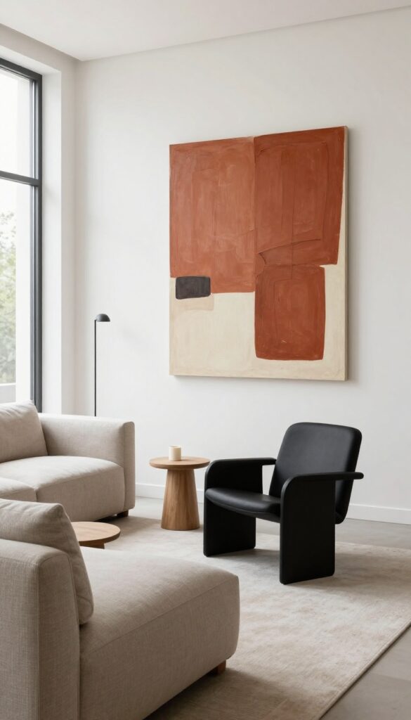 Bright modern small living room with one large abstract canvas artwork above a neutral sofa and minimal uncluttered decor.