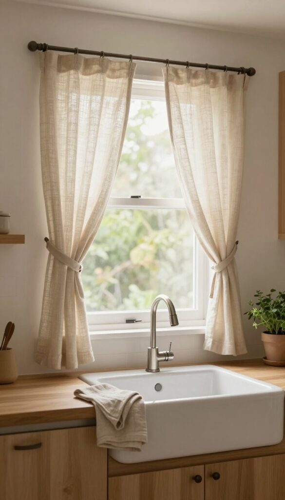 Bright cozy kitchen window with natural linen cafe curtains covering the lower half, letting sunlight fill the room above a white sink and light wood counter.