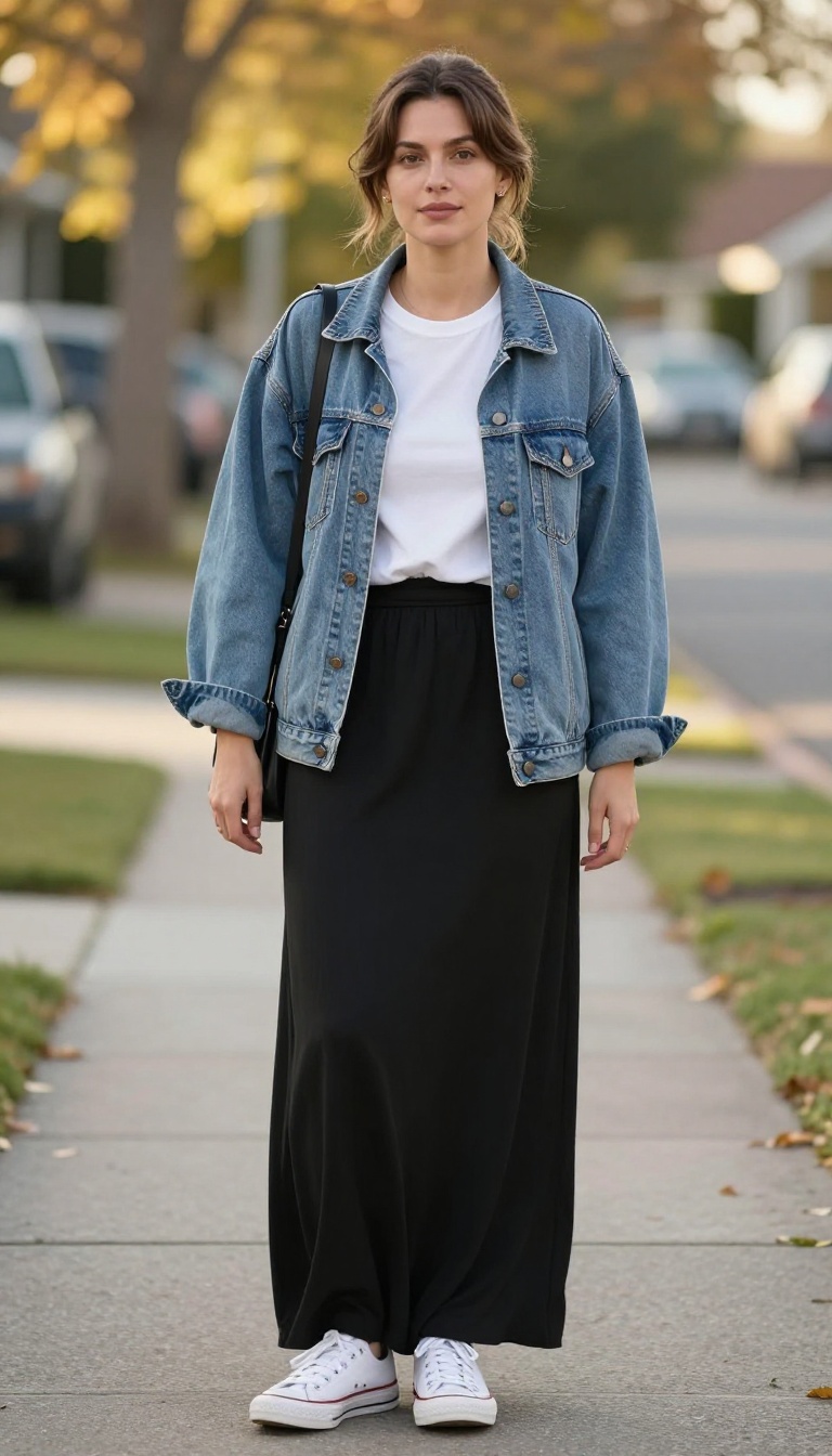 1. Long Black Skirt with an Oversized Denim Jacket and White Tee