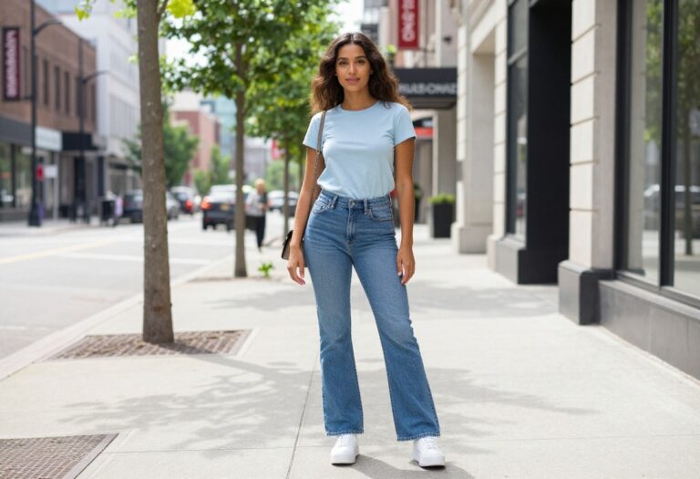 Woman wearing a Y2K outfit with a baby tee, low-rise flared jeans, and platform sneakers, standing on a city street.