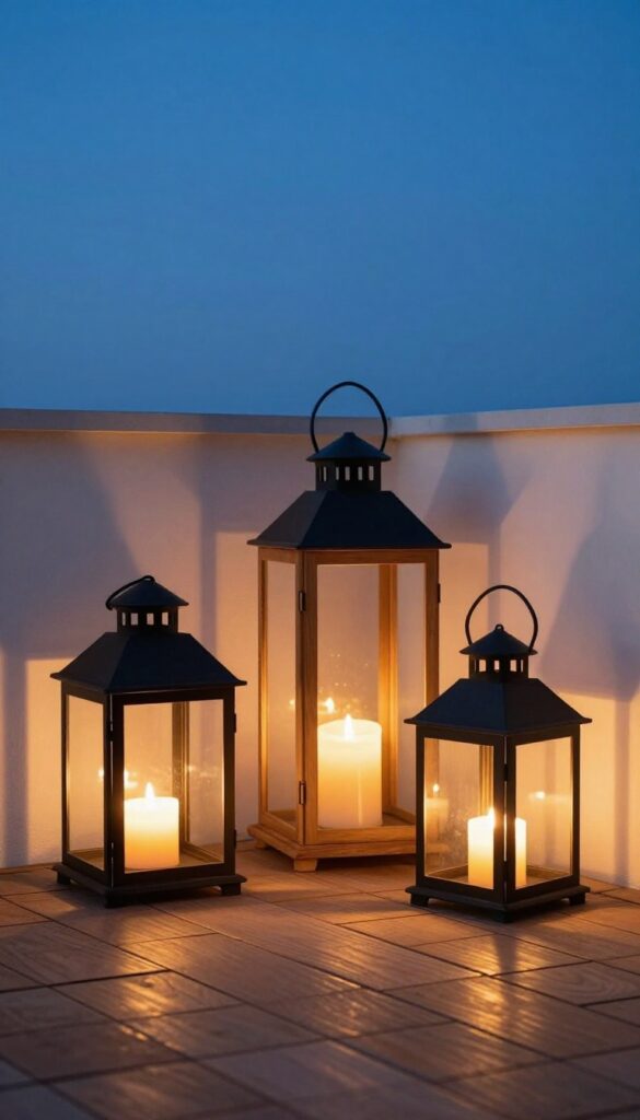 Small wooden deck corner at dusk styled with glowing lanterns and candle holders creating cozy warm lighting