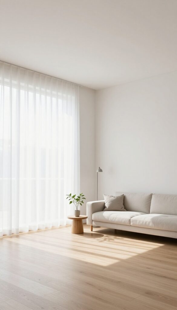 Bright square living room with a single neutral sofa, open floor space, bare walls, and natural light, styled minimally so the room feels balanced and calm.