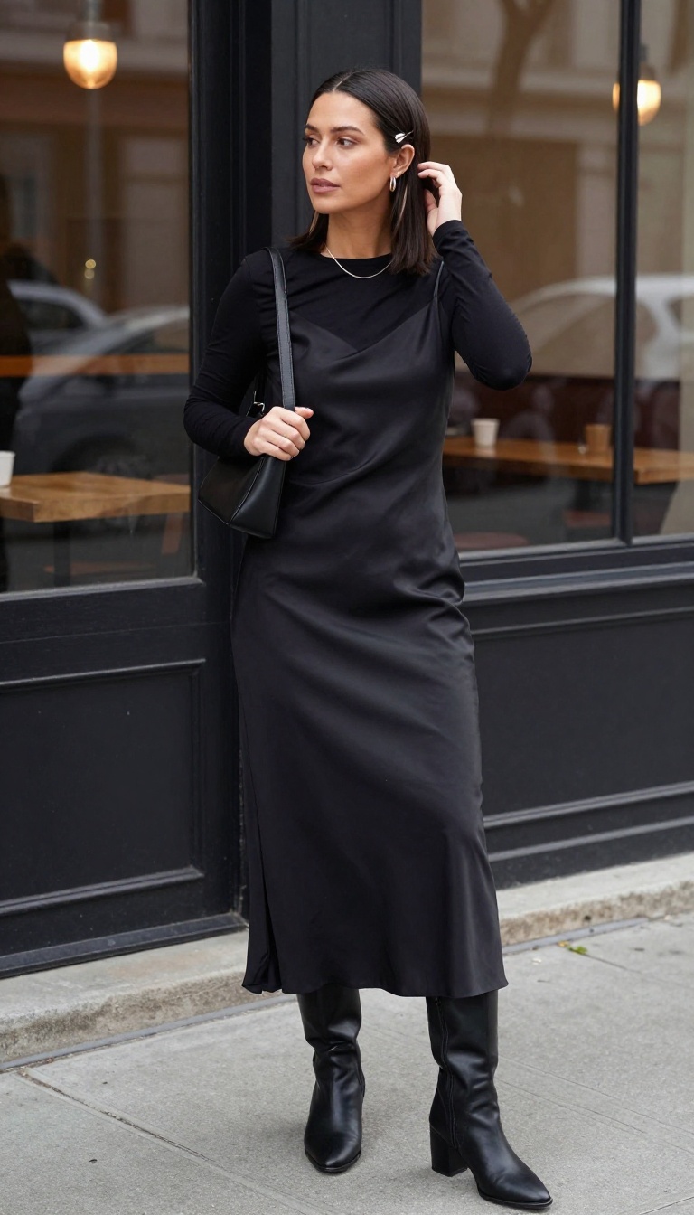 3. Black Slip Dress Over a Long-Sleeve Tee