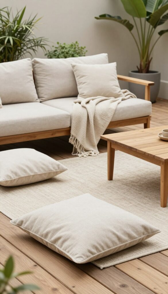 Cozy outdoor wooden deck layered with a neutral area rug, cushioned seating, and a lightweight throw in bright natural light