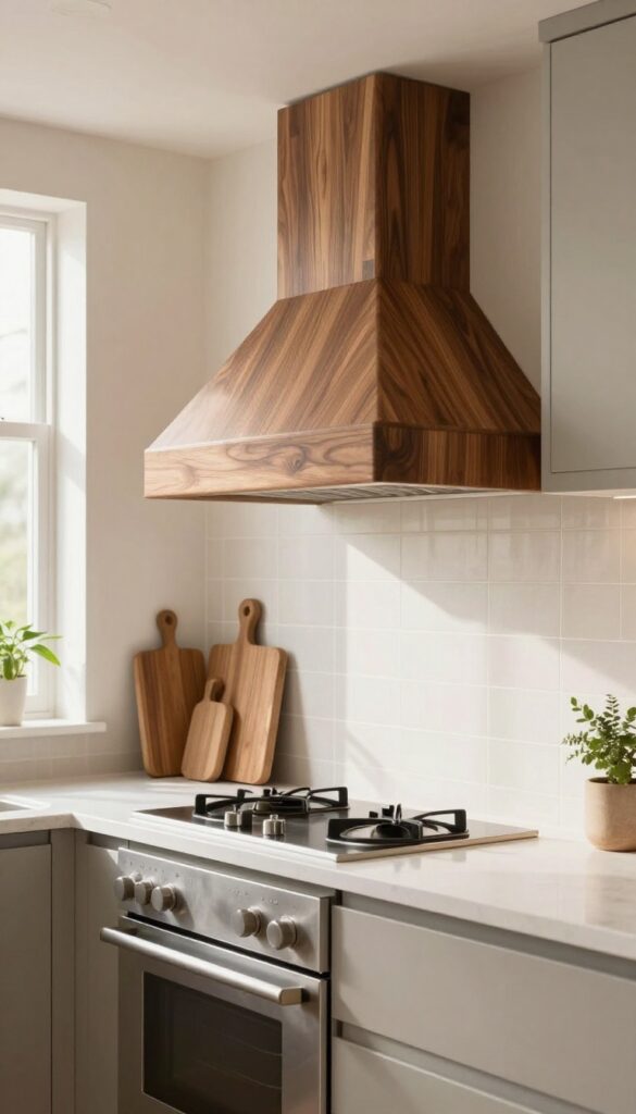 A warm modern kitchen featuring a walnut wood-wrapped range hood above a stainless steel stove, with white quartz countertops and natural light.