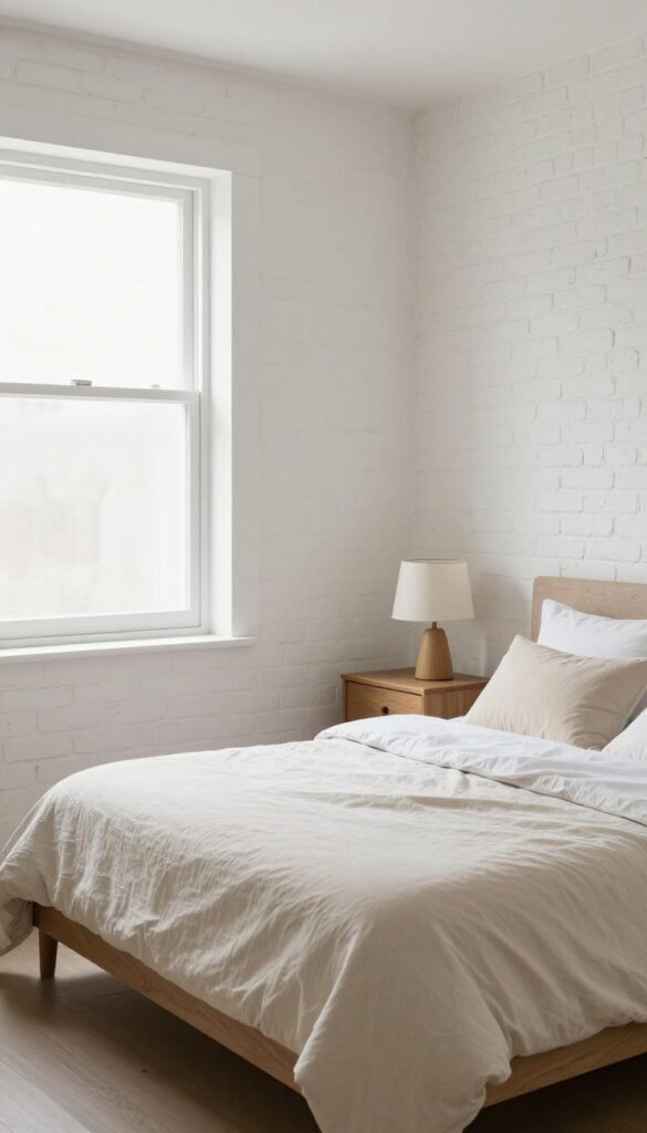 Bright bedroom with a whitewashed brick accent wall, warm wood furniture, and soft neutral linen bedding in natural light.