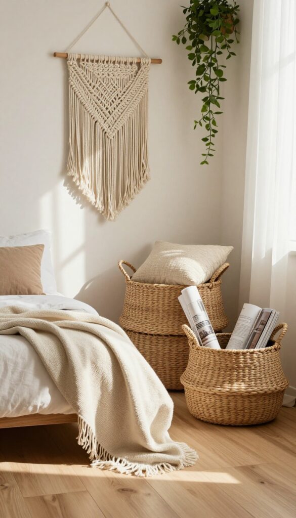 Woven rattan and seagrass baskets of different sizes beside a bed, one holding a cream throw blanket, in a bright bohemian bedroom corner