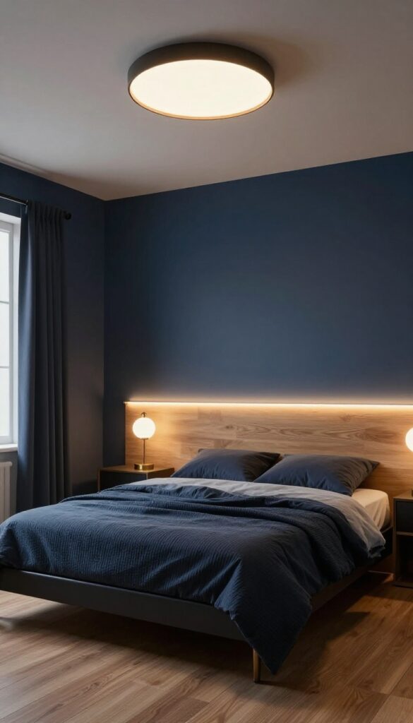 Boys bedroom with layered lighting from a ceiling fixture, bedside lamps, and warm LED strips under shelves and the bed