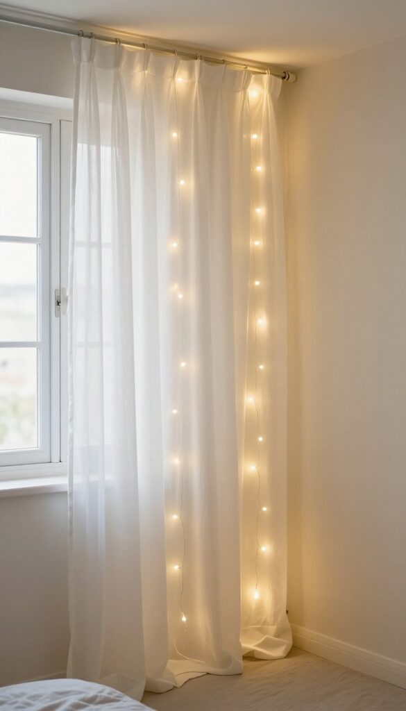 Sheer white floor-length curtains glowing with warm fairy lights behind them on a plain bedroom wall, creating a soft layered light curtain effect in a cozy small bedroom.