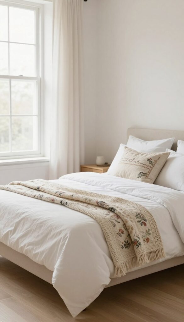 Bright modern bedroom with crisp white bedding layered with a faded floral vintage quilt, embroidered pillowcases, and a crocheted throw in soft natural light