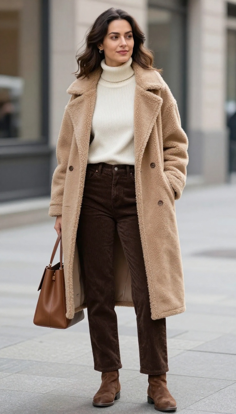 10. Corduroy Jeans + Turtleneck + Shearling Coat