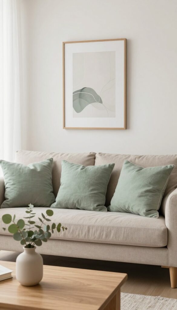 Elegant living room with a taupe sofa styled with muted sage green pillows, greenery, and abstract wall art in bright natural light.