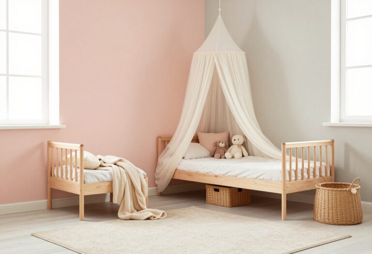 Bright pastel toddler girl bedroom with a cozy canopy bed corner, soft neutral tones, and practical storage
