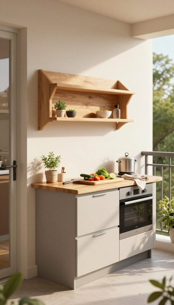 Fold-down wooden wall counter on a narrow bright balcony used as a prep surface with a cutting board and fresh vegetables, with potted herbs and clear walking space in natural morning light
