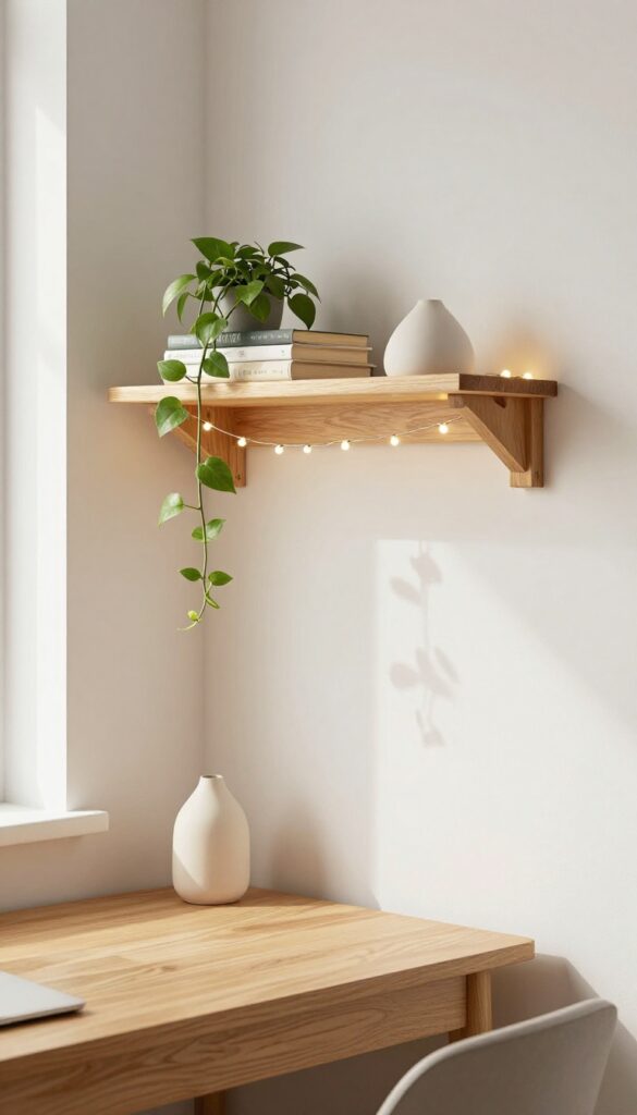 Cozy small bedroom floating shelf styled with a book stack, trailing pothos plant, and warm fairy lights glowing underneath, lit by bright natural light