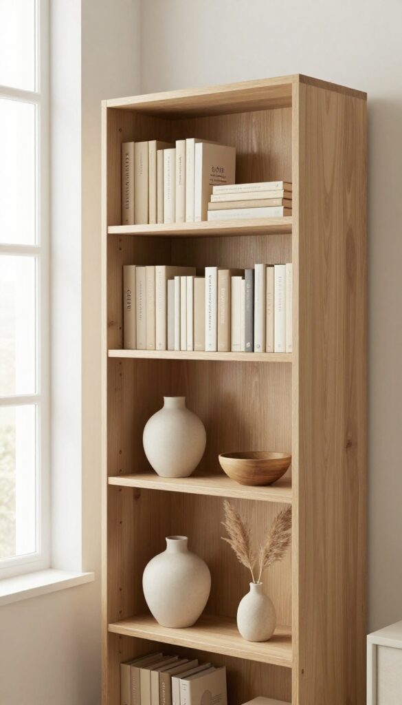 Bright living room bookcase styled with small groups of neutral hardcover books, horizontal stacks, and simple ceramic and wood decorative objects with open space between them.