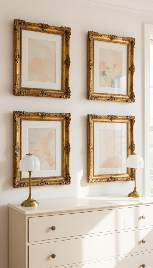 Vintage princess bedroom wall with a symmetrical arrangement of antique gilded frames and small gold mirrors above a cream dresser in soft natural light
