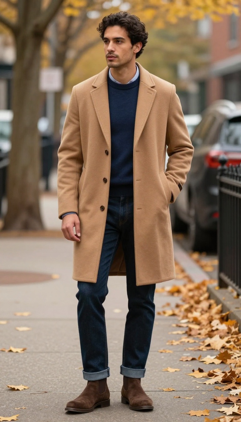 2. The Camel Overcoat with Dark Denim