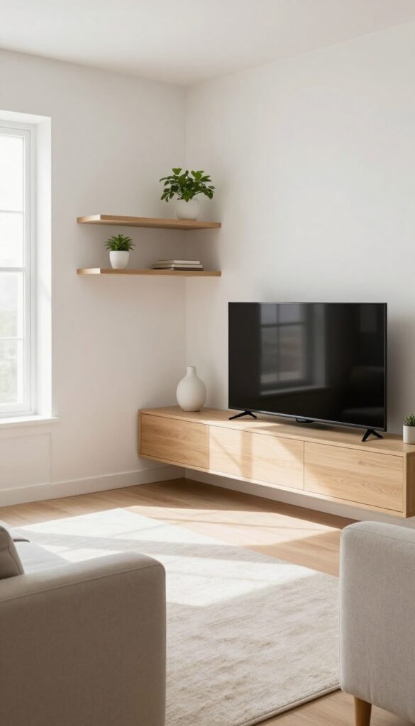 A bright living room with a light wood corner entertainment center holding an angled TV, floating shelves with minimal decor, and natural light.