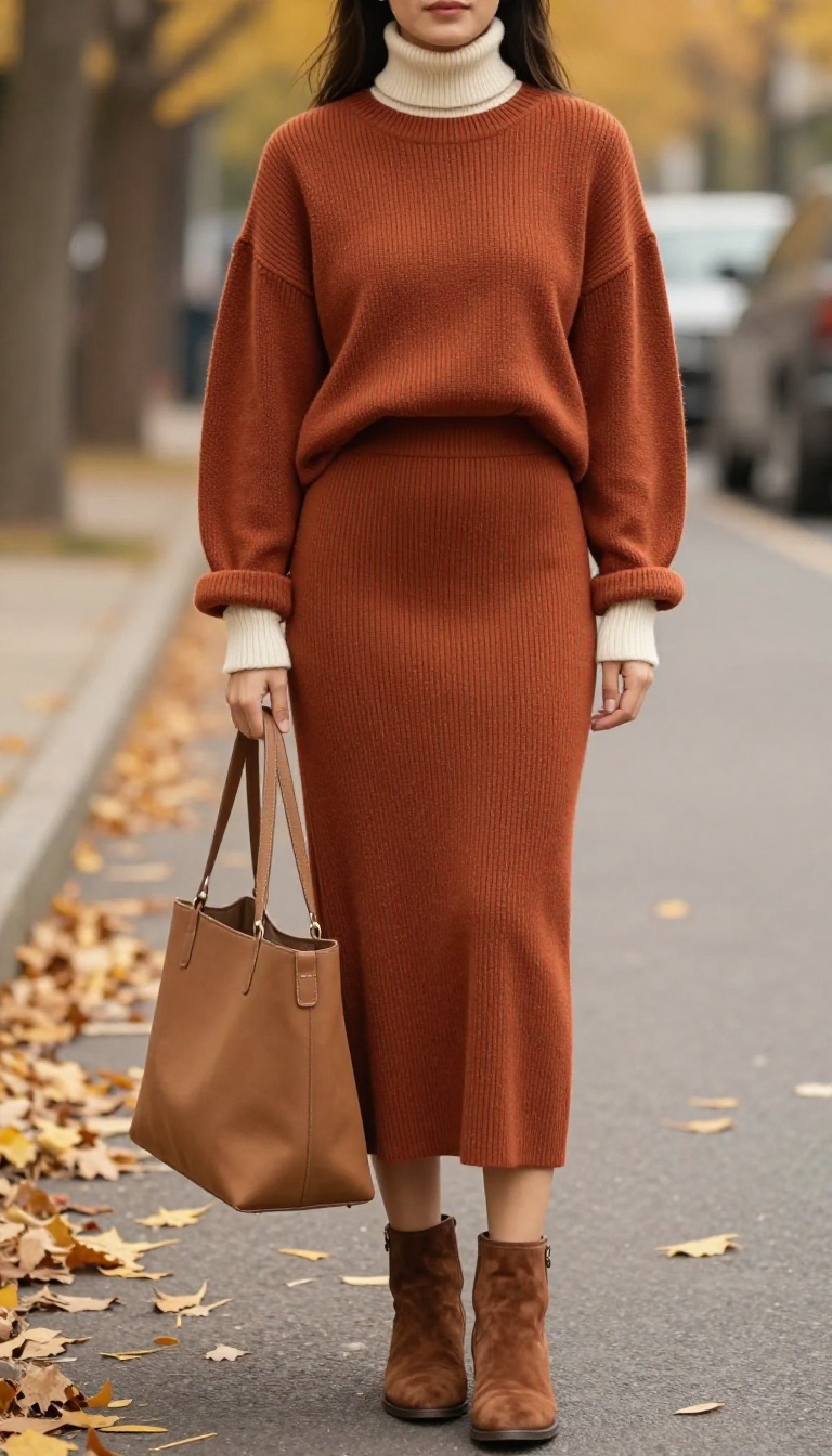 1. Rust Ribbed Knit Set with Cream Turtleneck