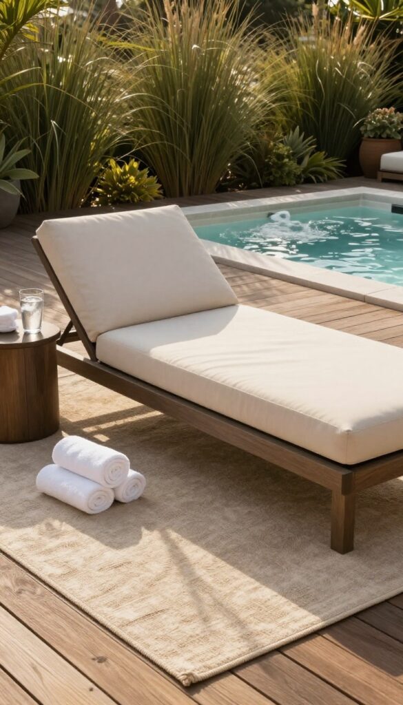 Outdoor jacuzzi lounge zone with a plush daybed, chaise lounge, side table with towels, and a large area rug on a sunny wooden deck surrounded by greenery