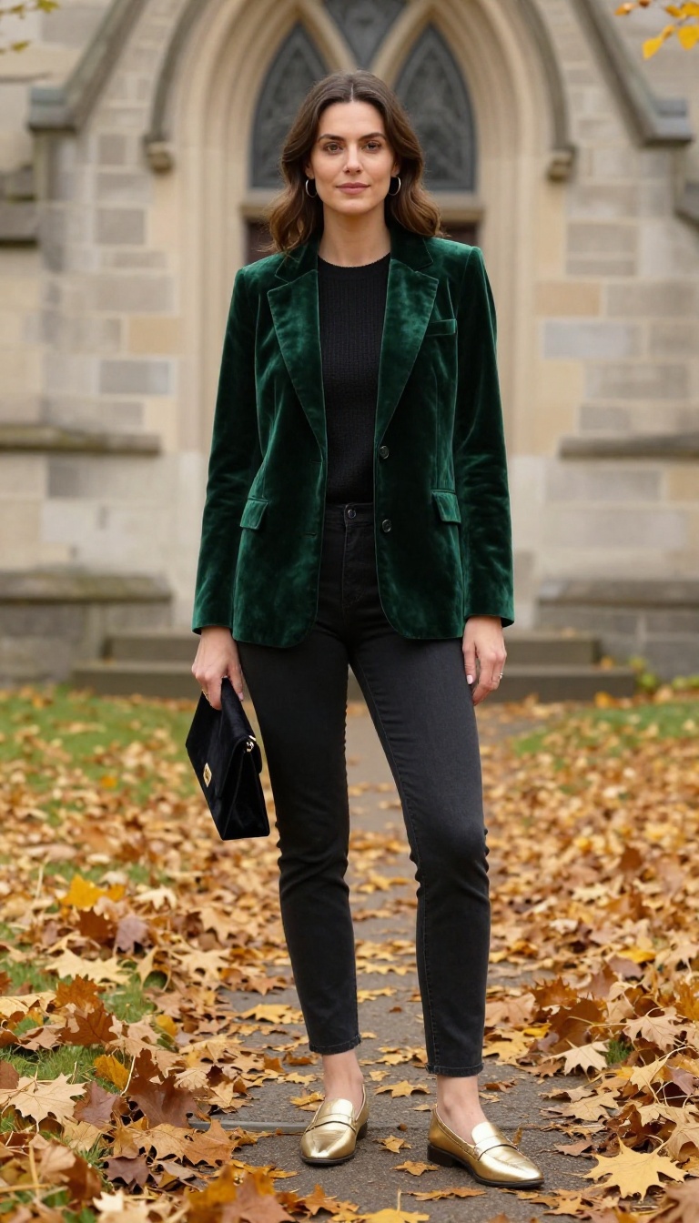 14. Velvet Blazer, Black Jeans, and Metallic Loafers