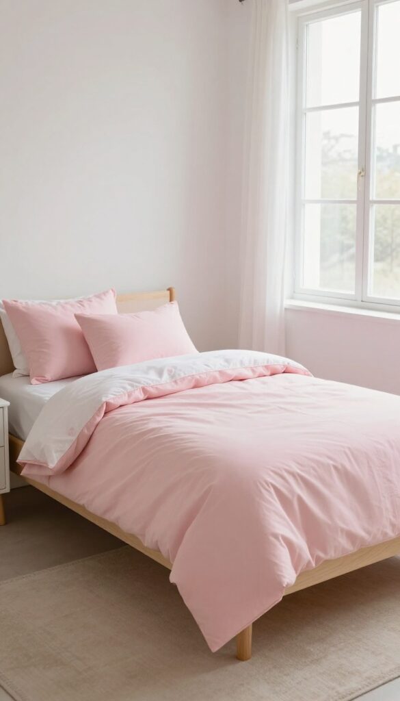 A bright child's bedroom with pink bedding on a light wood bed, white nightstand, and neutral walls, styled with pink cushions and a blush throw.