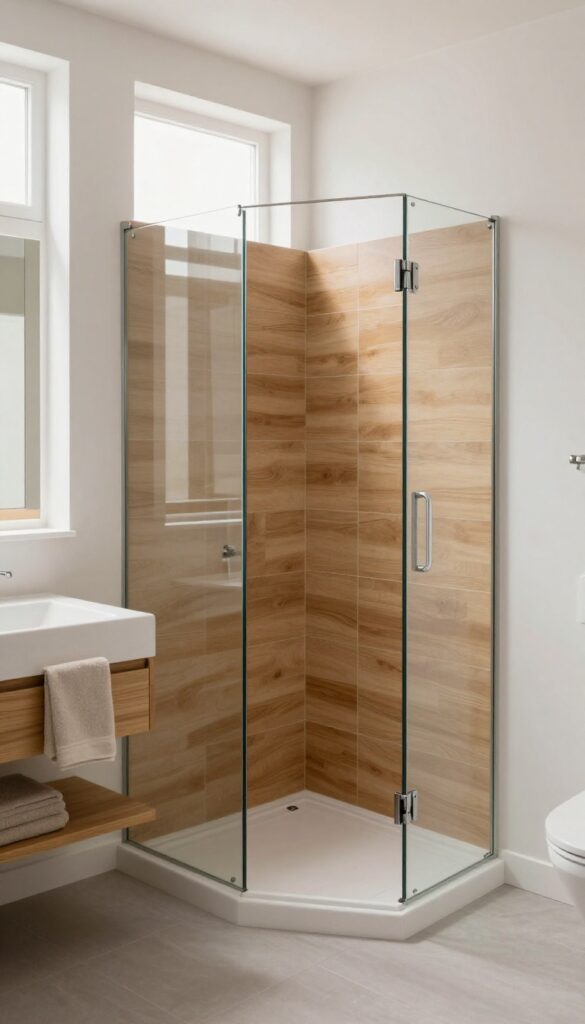 Modern bathroom with a half wall shower partition covered in warm wood-look tile beneath clear glass, paired with white walls, gray flooring, and a wood-framed mirror in bright natural light