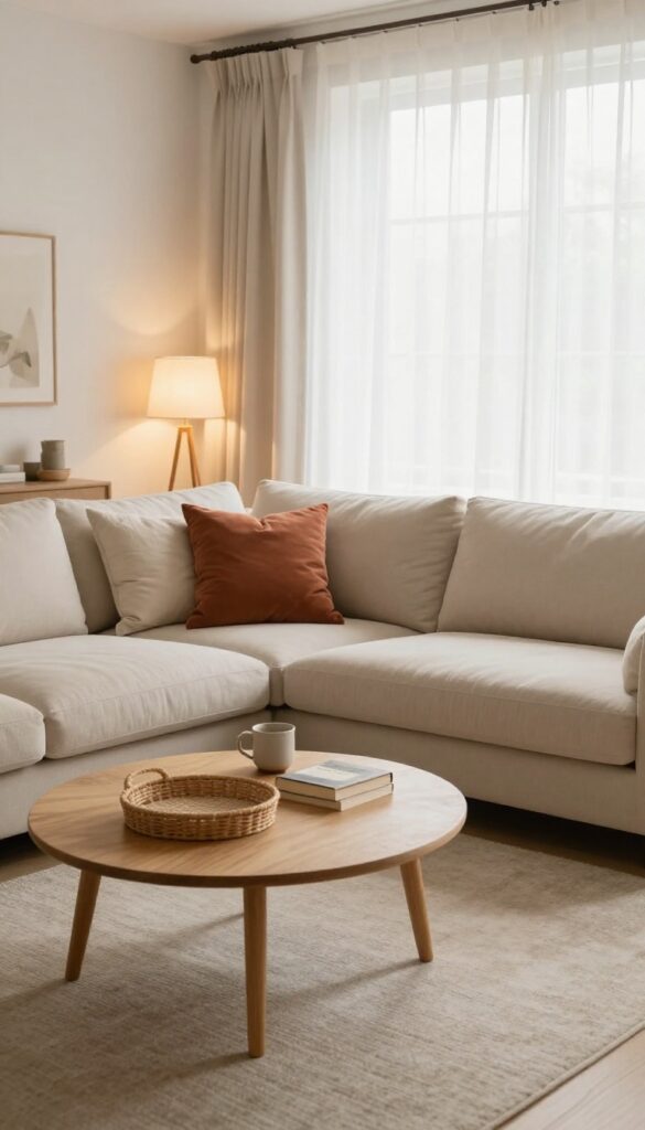 Bright living room with a neutral L-shaped sectional sofa, textured throw pillows, and a small round wooden corner table tucked at the inside bend, with a slim coffee table and floor lamp nearby in natural daylight.
