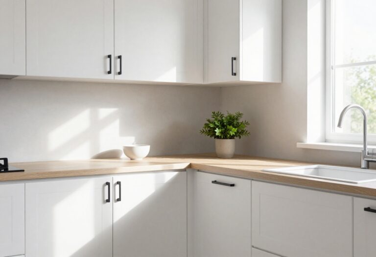 Modern white kitchen cabinets with matte black bar handles in bright natural light
