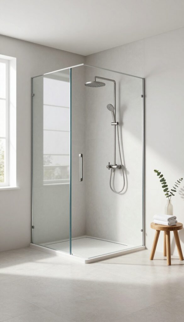 Bright modern bathroom with a curbless walk-in shower, continuous light gray tile flooring flowing seamlessly into the shower area with a frameless glass panel and linear drain