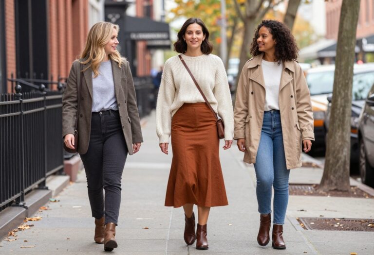 Woman wearing a cozy fall outfit with a chunky knit sweater and rust midi flared skirt, standing on a leaf-strewn sidewalk.