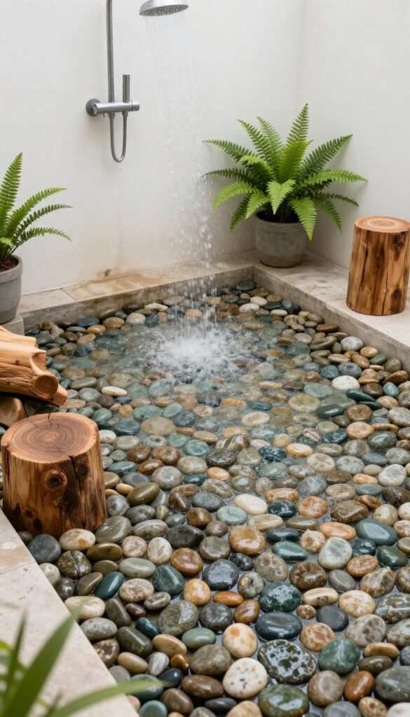 Outdoor shower with a natural pebble floor mat, surrounded by plants and wood accents in bright daylight