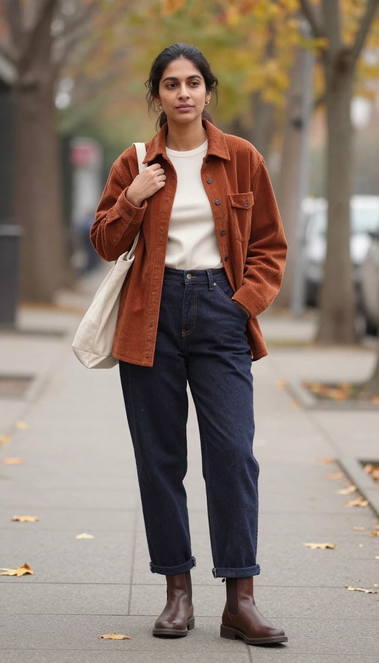 10. Corduroy Shirt Jacket and Dark Baggy Jeans for a Textured Look