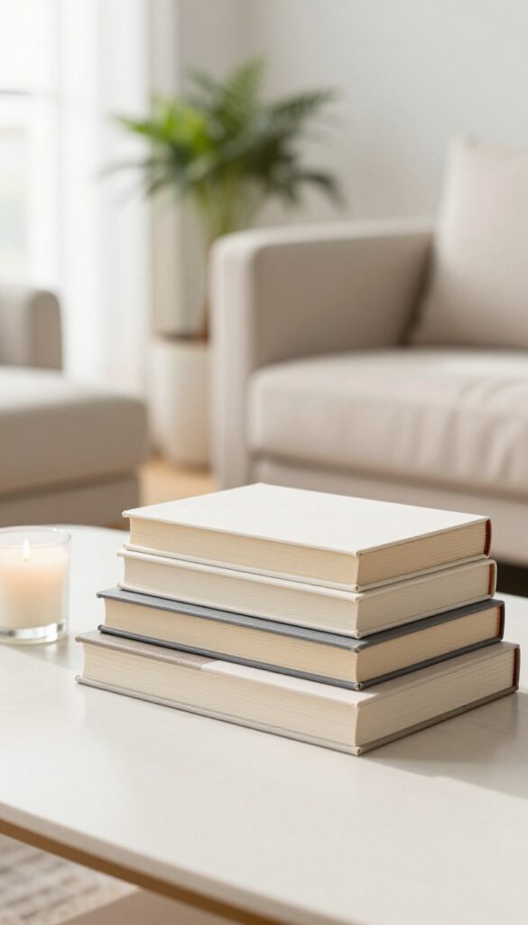 Bright living room coffee table with a casually angled stack of neutral hardcover books topped with a small candle and bead strand in natural daylight